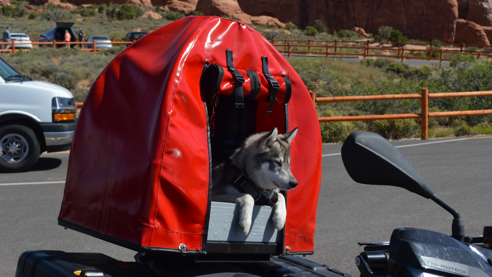 Pillion Pooch Motorcycle Dog Carrier mounted on a BMW F700GS with a Back Road Equipment BRE Slider Rack quick release. Photo by Laura and her dog Kodi from Canada.