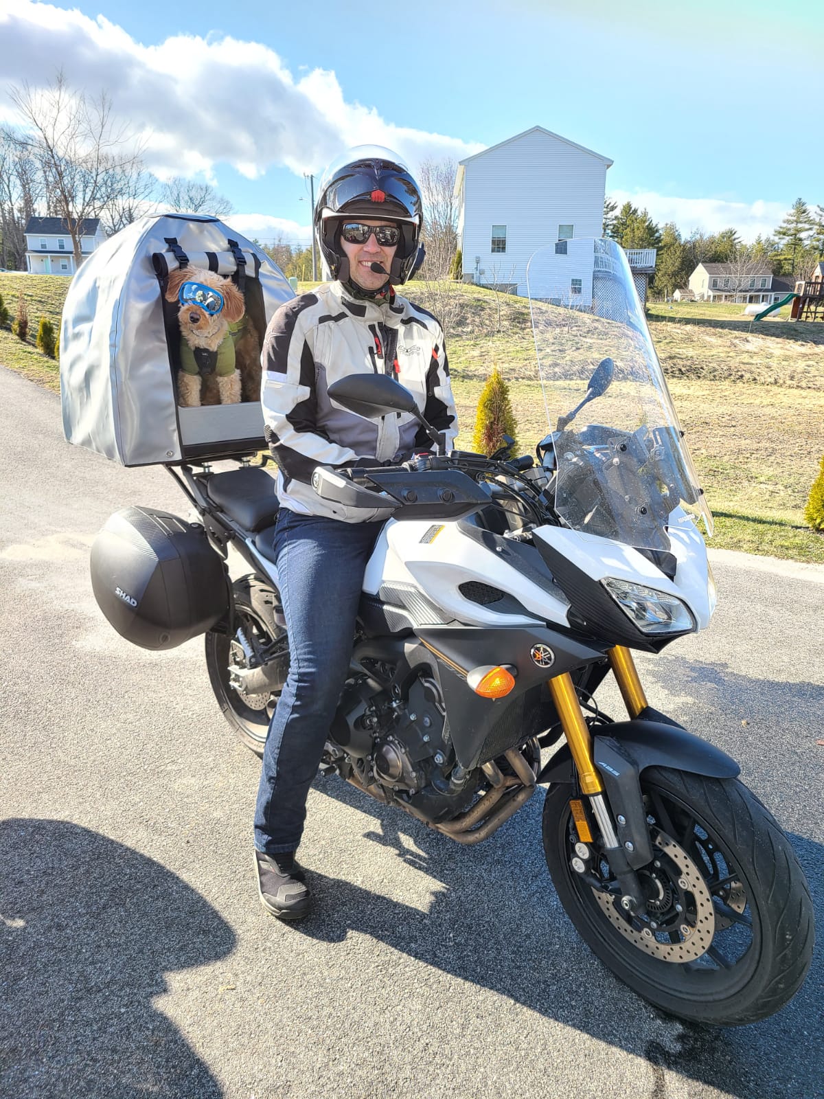 Pillion Pooch Motorcycle Dog Carrier mounted on a Yamaha FJ09 with a Backroad Equipment BRE Slider Rack quick release. Photo from Nevin and Simba in the USA